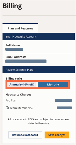 Billing cycle options showing monthly and annual.