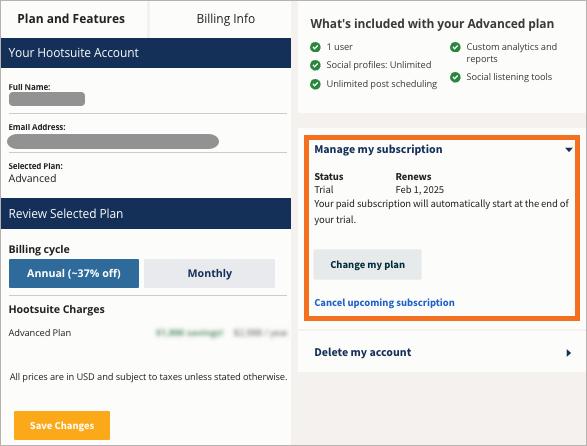 Billing page with manage my subscription area highlighted.