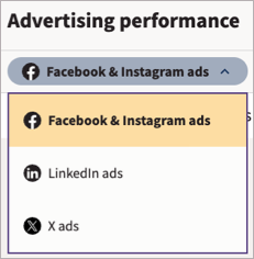 The social network and account pickers in Advertising performance.
