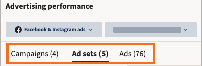 Advertising performance with campaigns, ad sets, and ads highlighted.