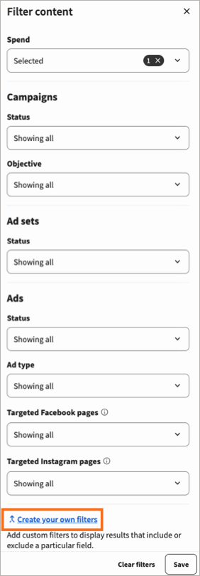 Filter content with Create your own filters highlighted.