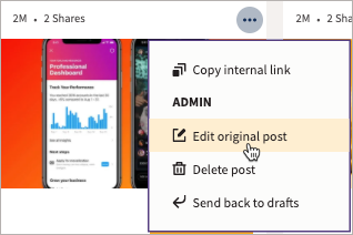 Sample post in Amplify showing more options with edit original post highlighted.