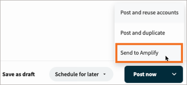 Post now screen showing the option to Send to Amplify selected.