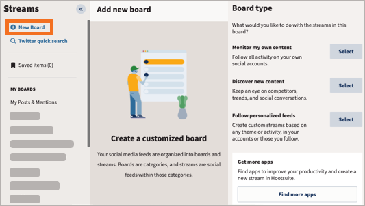 The Add new board page in Streams, where you can choose different board types.