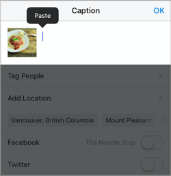 The Paste option in the caption area of the Instagram app.