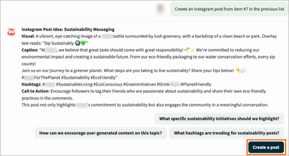 The OwlyGPT chat window, with the Create a post button highlighted.