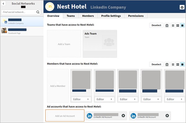 Social account organization overview with add an ad account highlighted.