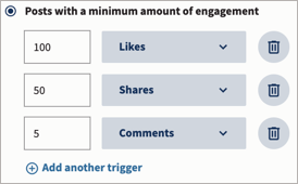 Engagement criteria set to boost posts with at least 100 likes, 50 shares, and 5 comments.