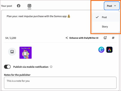 Sample Instagram post showing the Post and Story options.