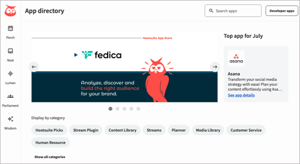 The Hootsuite app directory home page.