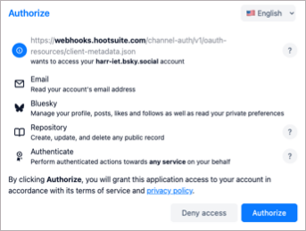The list of Bluesky permissions to authorize for Hootsuite.