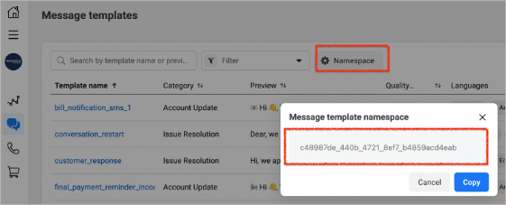 Message templates in WhatsApp Manager with Namespace selected showing namespace code.