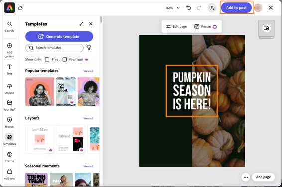 Sample design in Adobe Express inside the composer, with the Add to post option highlighted.