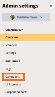 Admin settings with Campaigns highlighted.