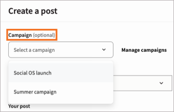 Sample post with Campaign highlighted and selected showing two campaigns the member can select.