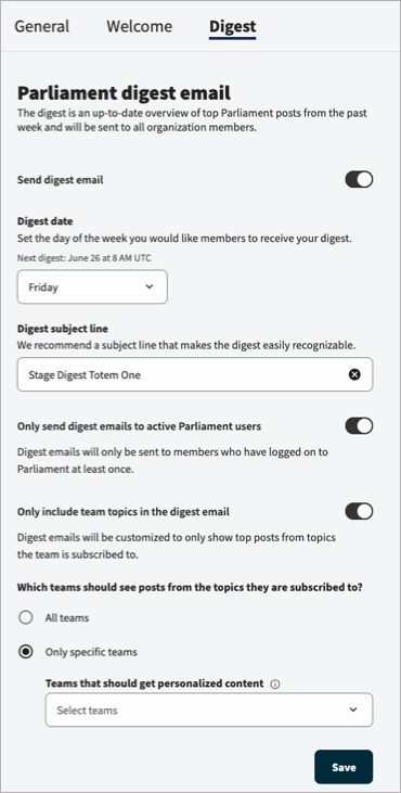 Parliament digest email settings with customization options.