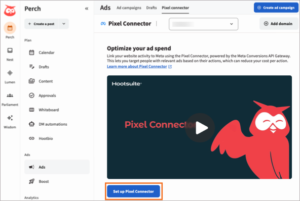 The Pixel Connector page in Ads, with the Setup pixel connector option highlighted