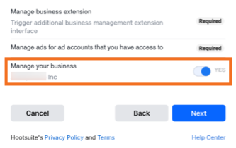 Meta Business Manager permissions with Manage your business selected.