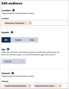 Edit audience with location and interests selected.