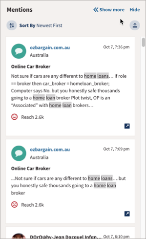 Mentions panel in saved search results.