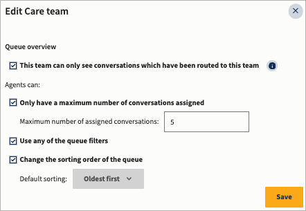 The queue options for agents in a team.