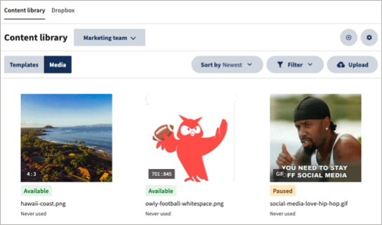 The Content library tab in Plan, with available media assets.