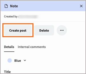 The details pane of a whiteboard note, with the Create post option highlighted.