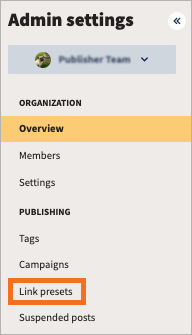 Admin settings with Link presets highlighted.