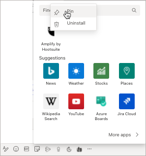 Microsoft Teams with the Amplify by Hootsuite app showing Pin and Uninstall.