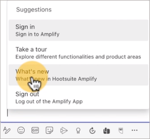 Microsoft Teams chat suggestions with What's new highlighted.