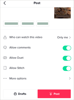 The Only me and More options settings on the Post screen in the TikTok app.