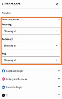 The Filter report side drawer with Across networks section.