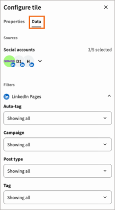 Configure tile window with data tab selected showing filter options.