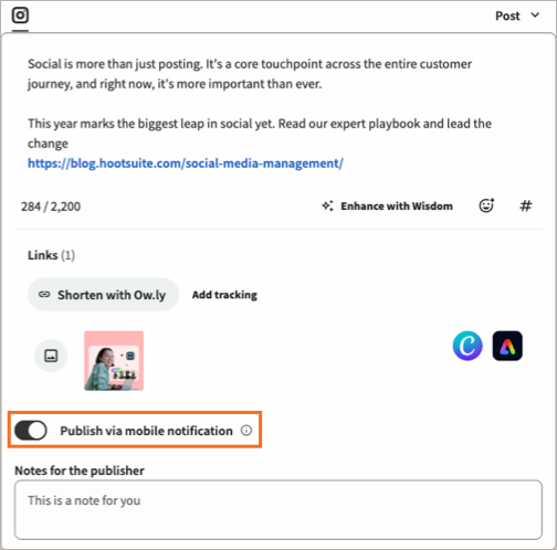 Instagram post with Publish via mobile notification highlighted.