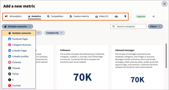 Metric library with libraries at the top of the screen highlighted and the social network options displayed.