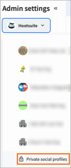 The organization picker with Private social profiles highlighted.