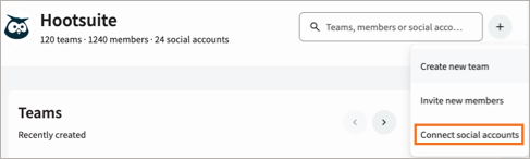 The More menu on the Organization page, with Connect social accounts highlighted.