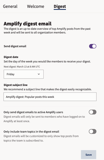 Amplify digest email settings with customization options.