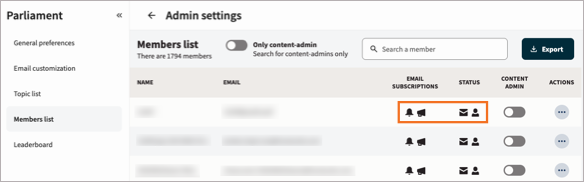 Parliament admin settings showing the member list with email subscriptions and status icons highlighted.