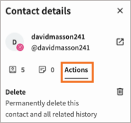 Contact details with the Actions tab highlighted and the Delete option showing.