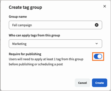 Create tag group with the option to require tags for publishing option highlighted.