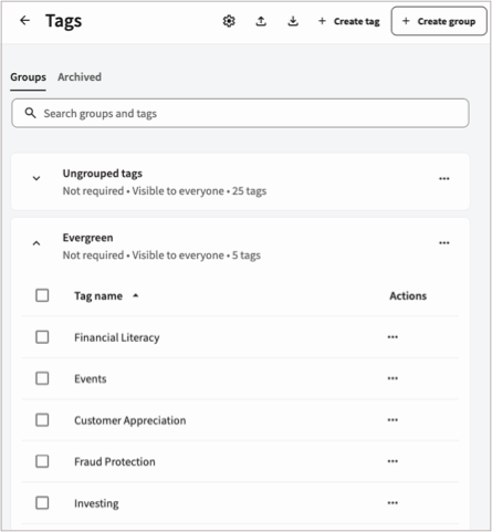 The list of tags in a tag group.