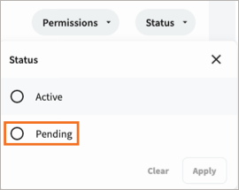 Sample organization showing the Status menu on the members list page with Pending highlighted.