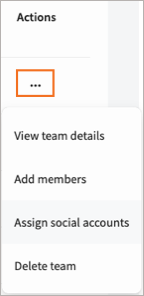 Sample team with More actions selected and Assign social accounts highlighted.