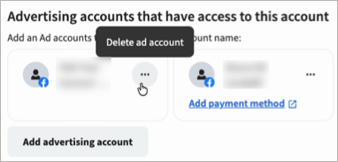 Ad accounts associated with a social account, with the Delete ad account option.