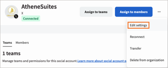The More menu for a social account, with the Edit settings option highlighted.