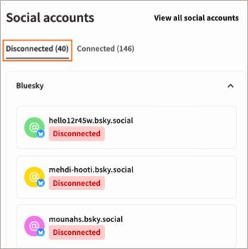 The Social accounts section of the Overview page, with the Disconnected tab highlighted.