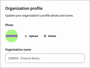 Example showing an organization name and profile picture on the organization settings settings page.
