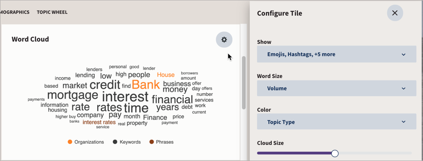 Sample customize word cloud tile with configuration options.