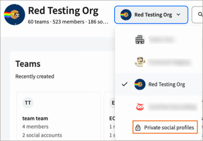 The organization picker with Private social profiles highlighted.